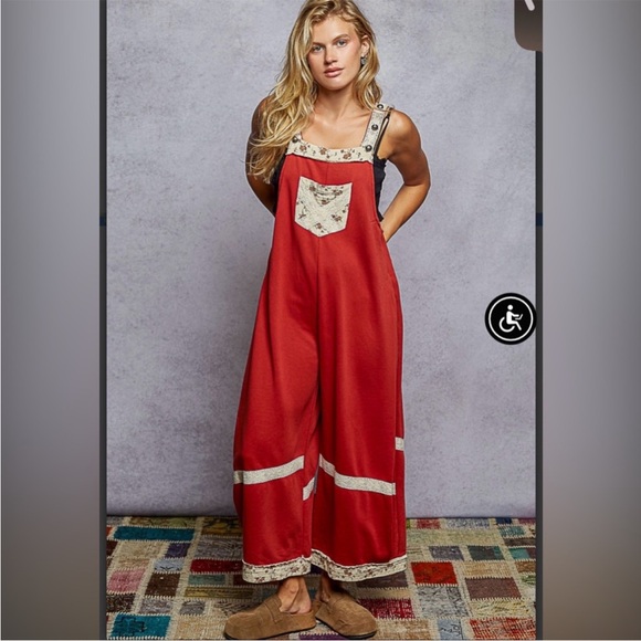 POL Pants - Pol Red Wide-Leg Overalls with Floral Accents